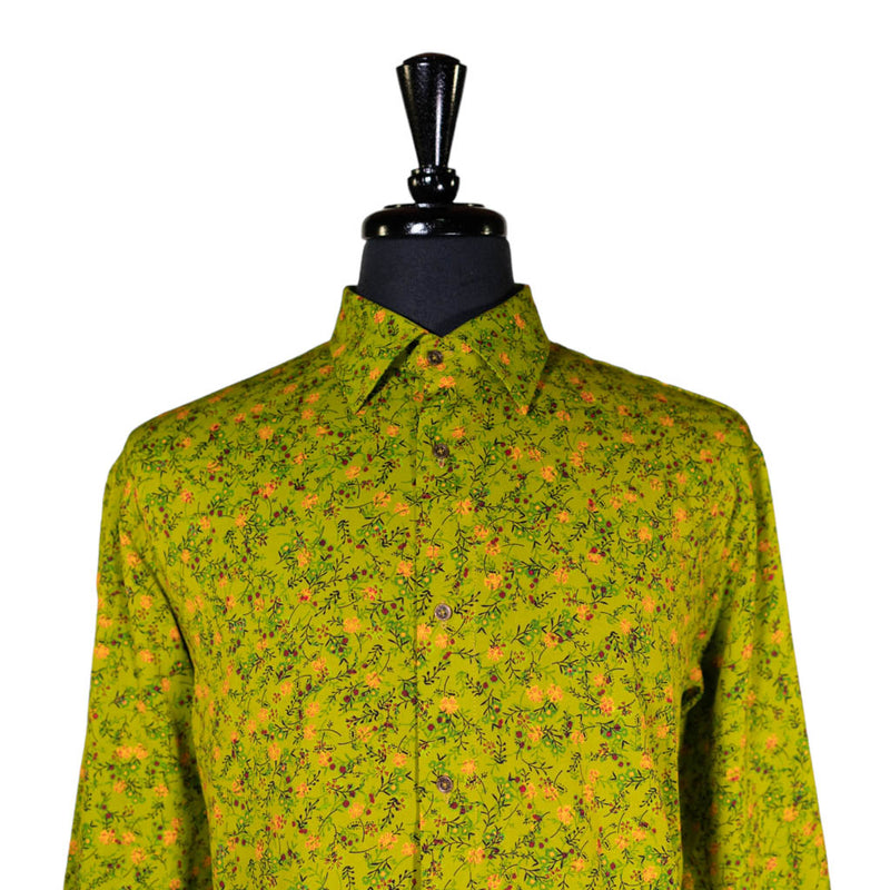 Mens Silk Shirt Button Up Green Orange Floral Long Sleeve Collared Dress Casual Summer Beach Hawaiian Tropical Handmade Luxury Large