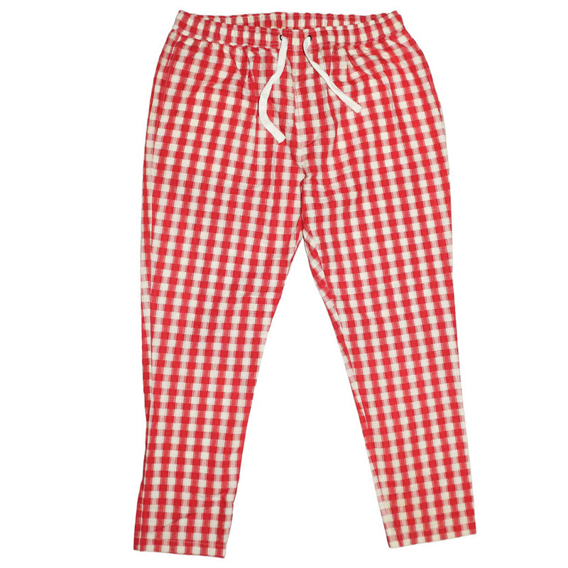 Mens Pants Joggers Red White Plaid Check Cotton Drawstring Loose Harem Casual XL