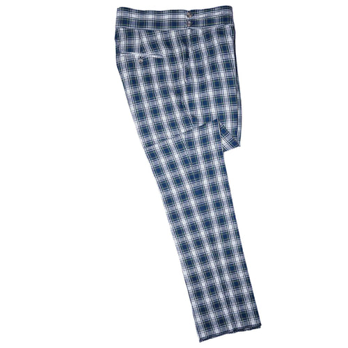 Mens Gurkha Pants Blue White Green Tartan Plaid Slim High Waist Flat Front 34