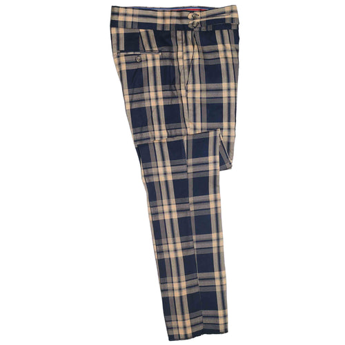 Mens Gurkha Pants Beige Navy Blue Plaid Check Wool Slim High Waist Flat Front 34