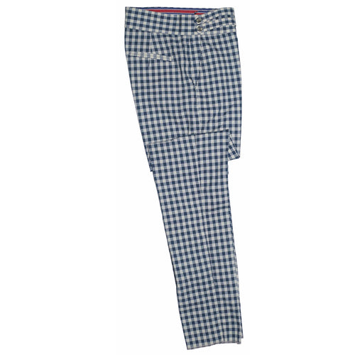 Mens Gurkha Pants Blue Check Plaid Slim High Waist Flat Front Dress Trousers 34