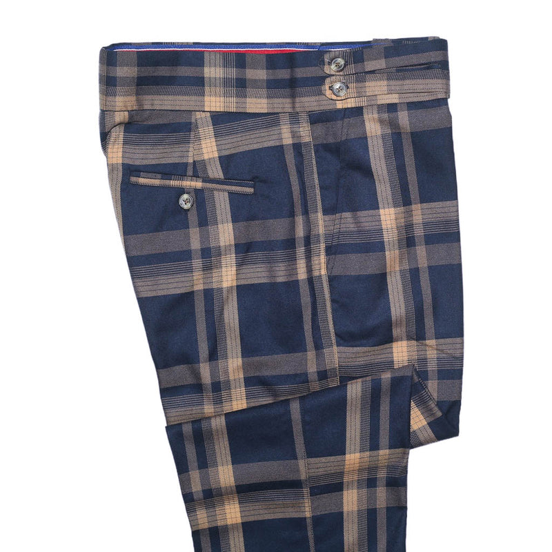 Mens Gurkha Pants Blue Beige Plaid Check Wool Slim Fit High Waist Flat Front 34