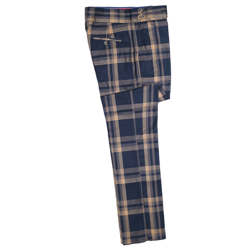 Mens Gurkha Pants Blue Beige Plaid Check Wool Slim Fit High Waist Flat Front 34