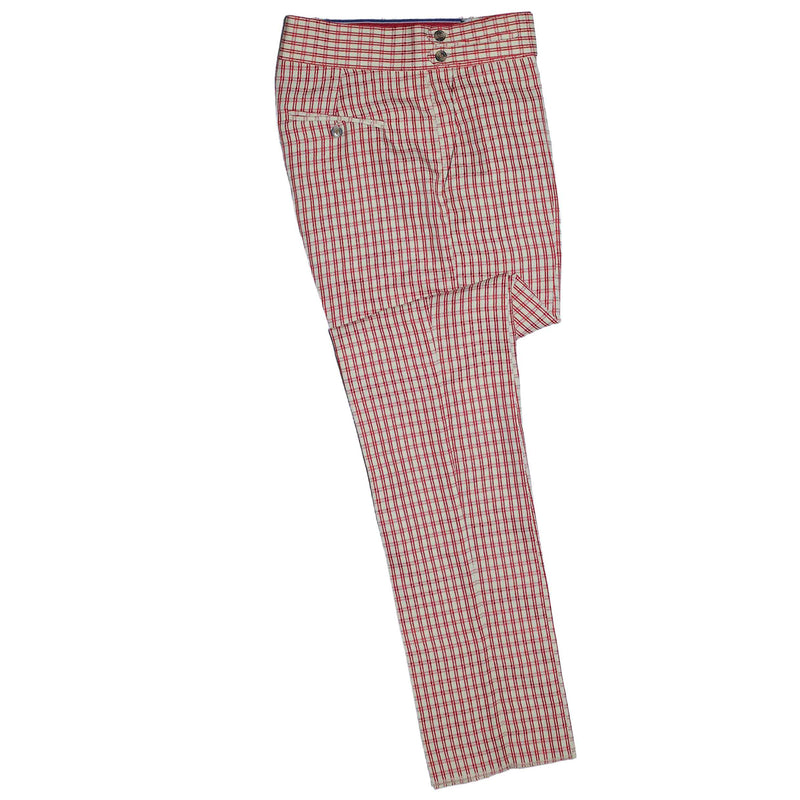 Mens Gurkha Pants Red White Plaid Check Slim Straight High Waist Flat Front 34