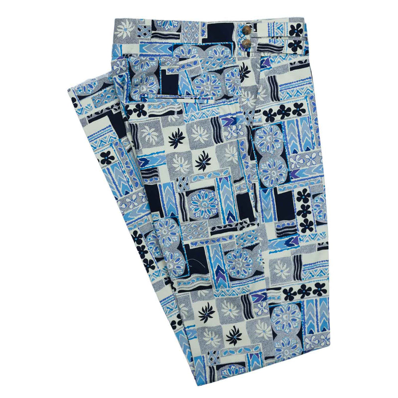 Mens Gurkha Pants Blue Geometric Abstract Slim Straight High Waist Flat Front 32