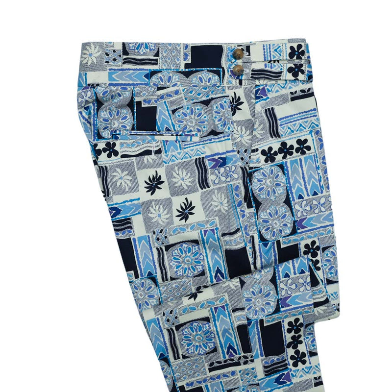 Mens Gurkha Pants Blue Geometric Abstract Slim Straight High Waist Flat Front 32