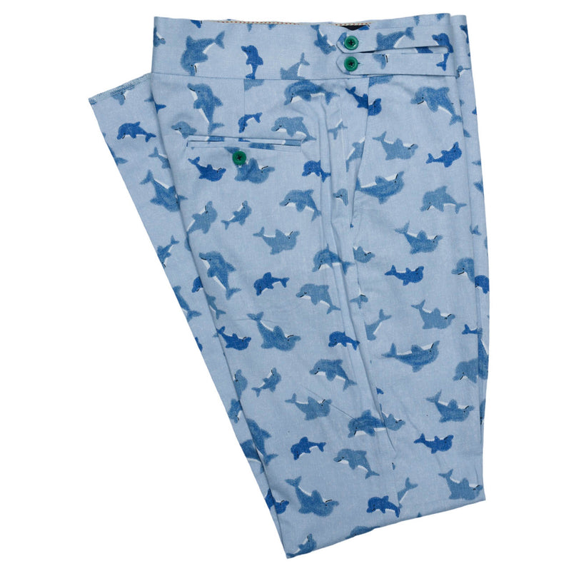 Mens Gurkha Pants Blue Dolphins Animal Print Slim High Waist Dress Trousers 32