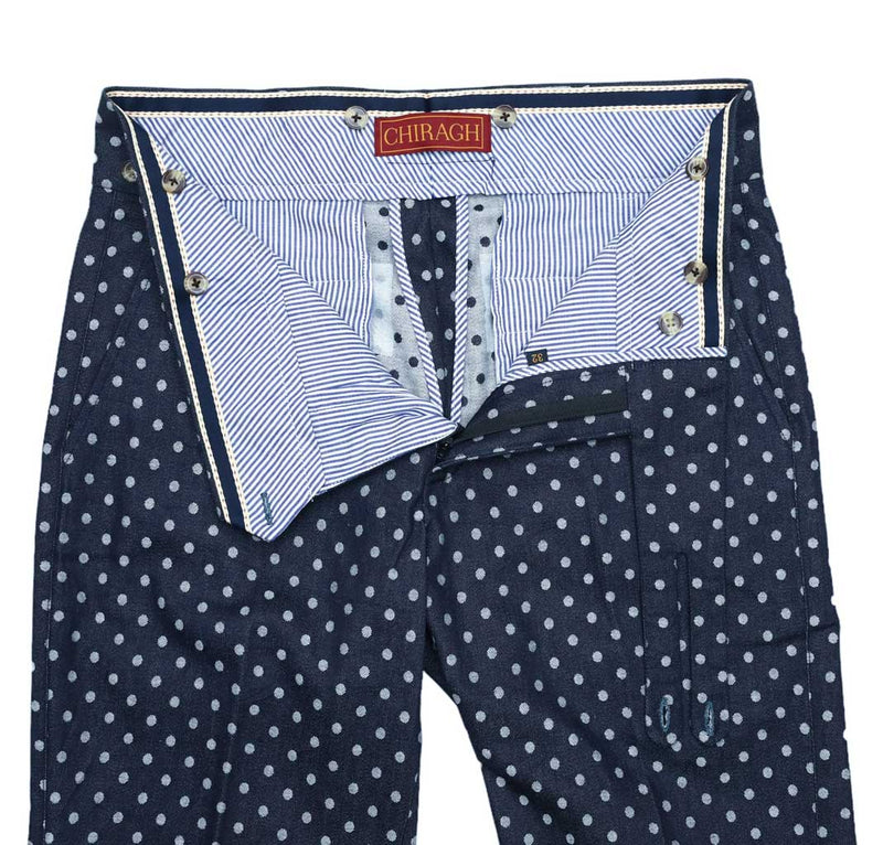 Mens Gurkha Pants Blue Polka Dot Slim High Waist Flat Front Denim Trousers 32