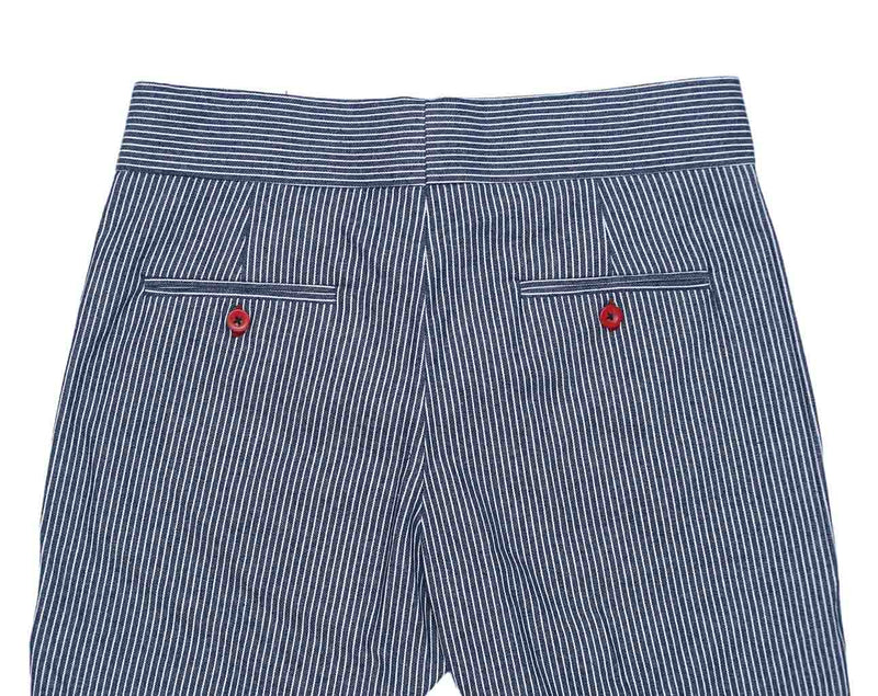 Mens Gurkha Pants Blue White Striped Cotton Slim High Waist Dress Trousers 32