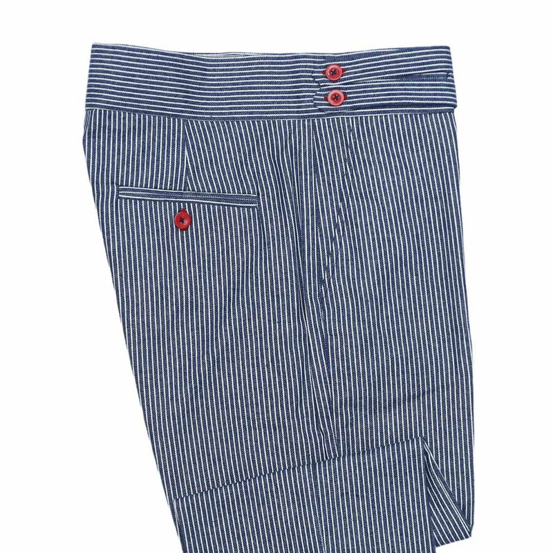 Mens Gurkha Pants Blue White Striped Cotton Slim High Waist Dress Trousers 32