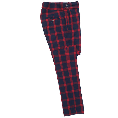 Mens Gurkha Pants Blue Red Check Textured Slim Straight High Waist Flat Front 32