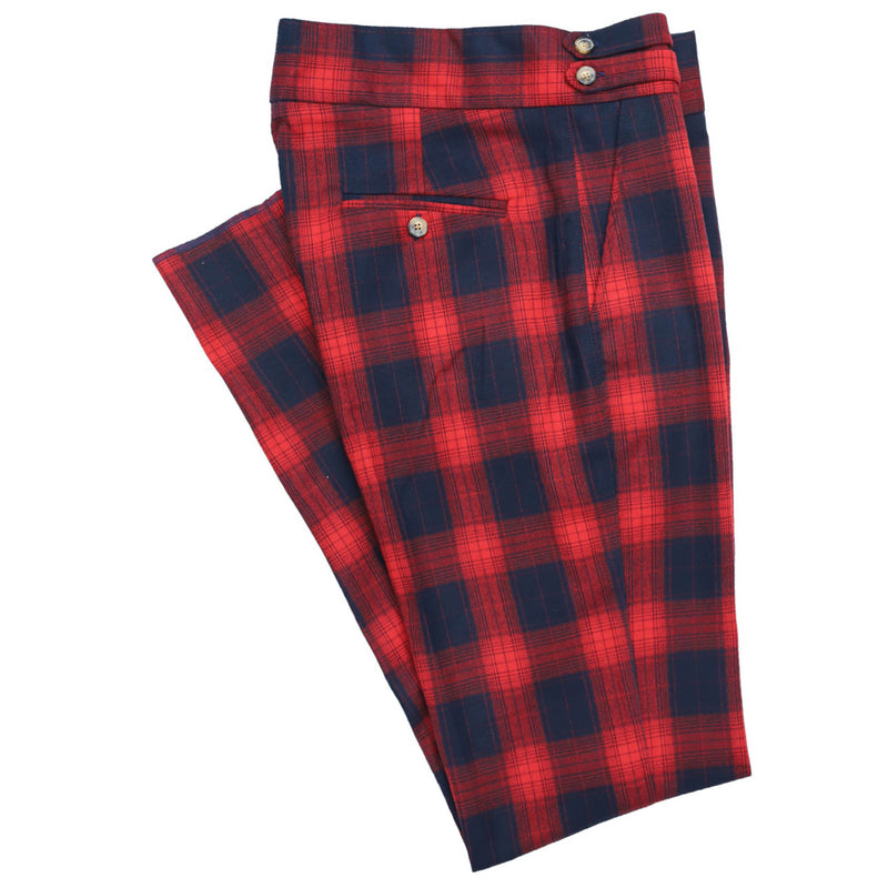 Mens Gurkha Pants Red Blue Plaid Wool Handmade Slim High Waist Dress Trousers 32