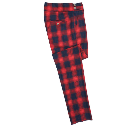 Mens Gurkha Pants Red Blue Plaid Wool Handmade Slim High Waist Dress Trousers 32