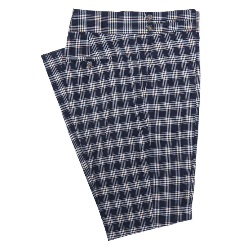 Men's Gurkha Pants Blue White Plaid Check Slim High Waist Flat Front Dress Trousers 38