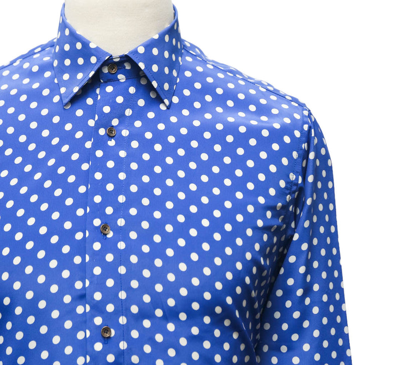 Mens Silk Shirt Button Up Blue Polka Dot Designer Dress Casual Beach Medium