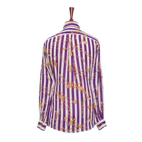 Mens Silk Shirt Button Up Purple White Striped Baroque Designer Dress Casual XL