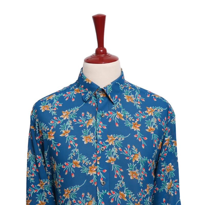 Mens Shirt Button Up Blue Yellow Green Floral Casual Tropical Hawaiian Beach XL