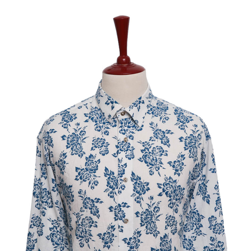 Mens Shirt Button Up White Blue Floral Linen Cotton Casual Hawaiian Beach XL