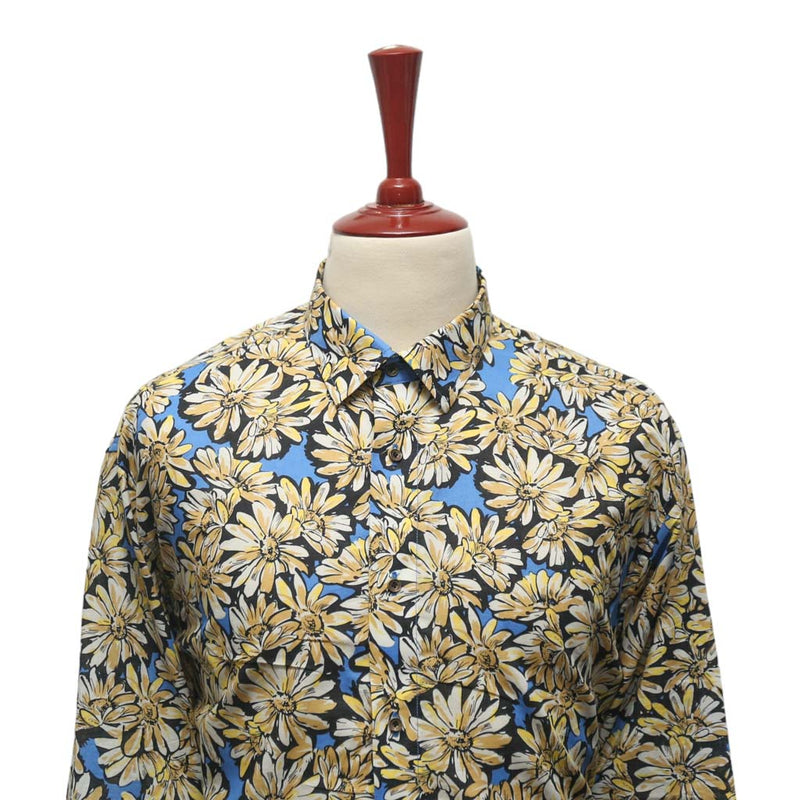 Mens Shirt Button Up Blue Yellow Floral Graphic Dress Casual Hawaiian Beach XL