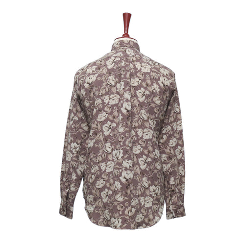 Mens Shirt Button Up Beige Purple Floral Silky Graphic Dress Casual Beach Medium