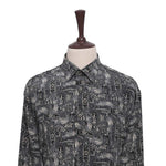 Mens Silk Shirt Button Up Gray Black Abstract Graphic Dress Casual Party XL