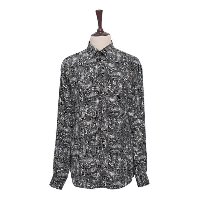 Mens Silk Shirt Button Up Gray Black Abstract Graphic Dress Casual Party XL