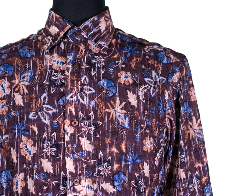 Mens Shirt Button Up Brown Blue Floral Linen Blend Hawaiian Beach Party Medium