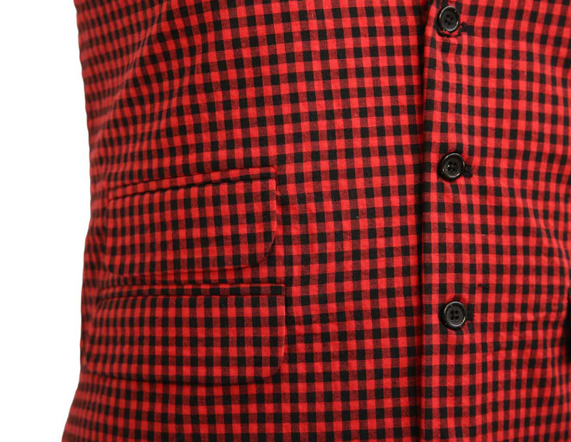 Mens Vest Suit Lapel Red Black Check Cotton Dress Formal Wedding Waistcoat XL 46