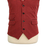 Mens Vest Suit Lapel Red Black Check Cotton Dress Formal Wedding Waistcoat XL 46