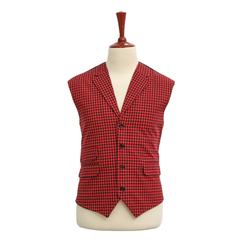 Mens Vest Suit Lapel Red Black Check Cotton Dress Formal Wedding Waistcoat XL 46