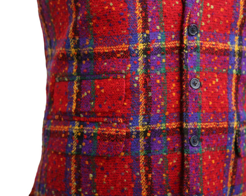 Mens Vest Suit Lapel Red Purple Plaid Wool Dress Formal Wedding Waistcoat XL 46