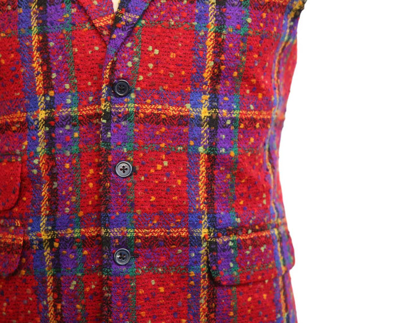 Mens Vest Suit Lapel Red Purple Plaid Wool Dress Formal Wedding Waistcoat XL 46