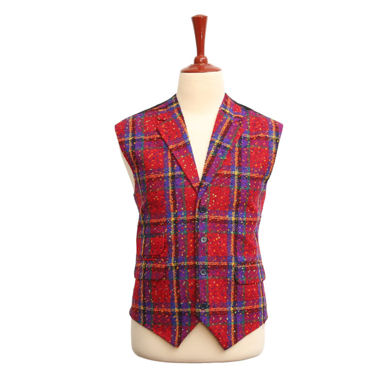 Mens Vest Suit Lapel Red Purple Plaid Wool Dress Formal Wedding Waistcoat XL 46