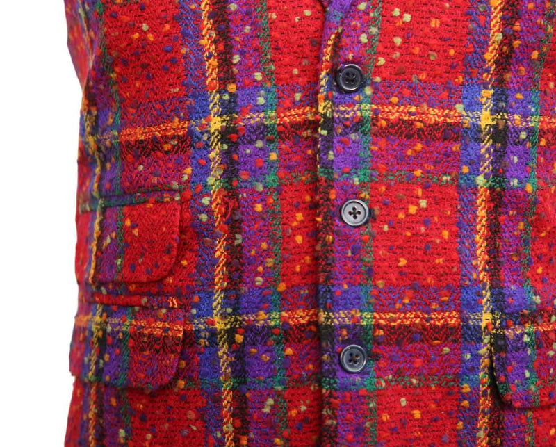 Mens Vest Suit Lapel Red Purple Plaid Wool Dress Formal Wedding Waistcoat XL 46