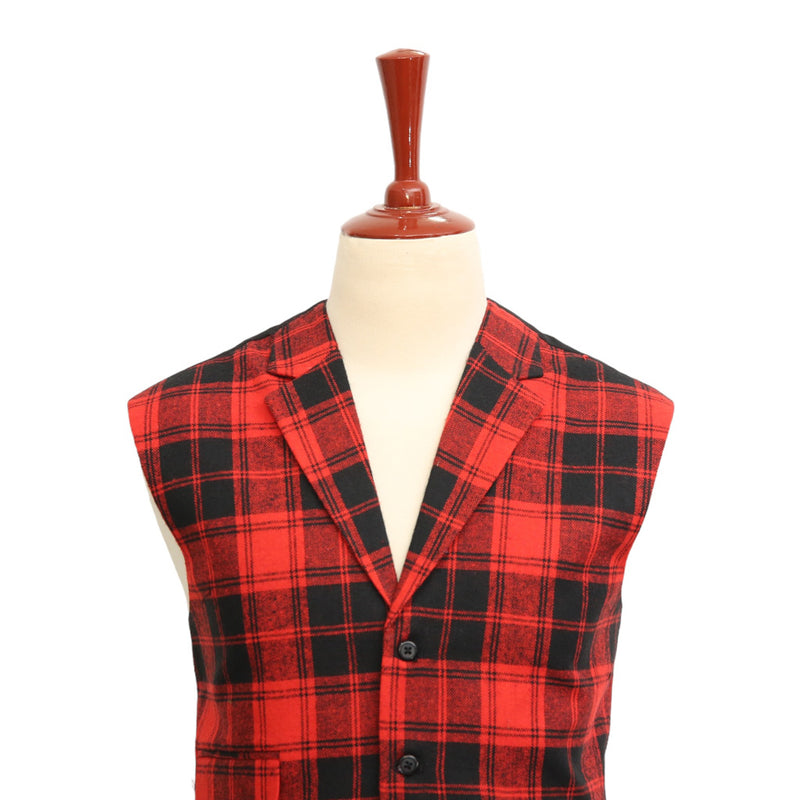 Mens Vest Suit Lapel Red Black Plaid Wool Dress Formal Wedding Waistcoat XL 46