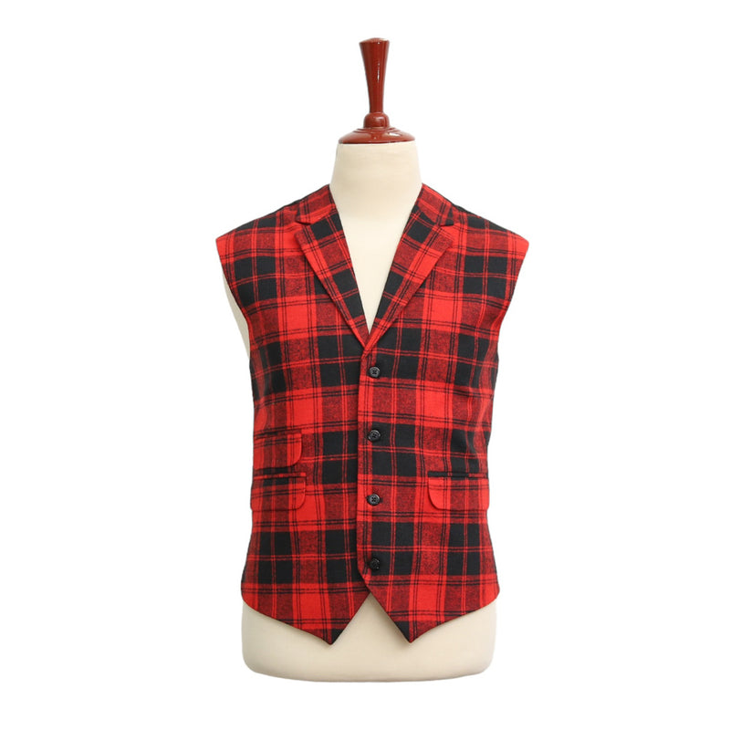 Mens Vest Suit Lapel Red Black Plaid Wool Dress Formal Wedding Waistcoat XL 46