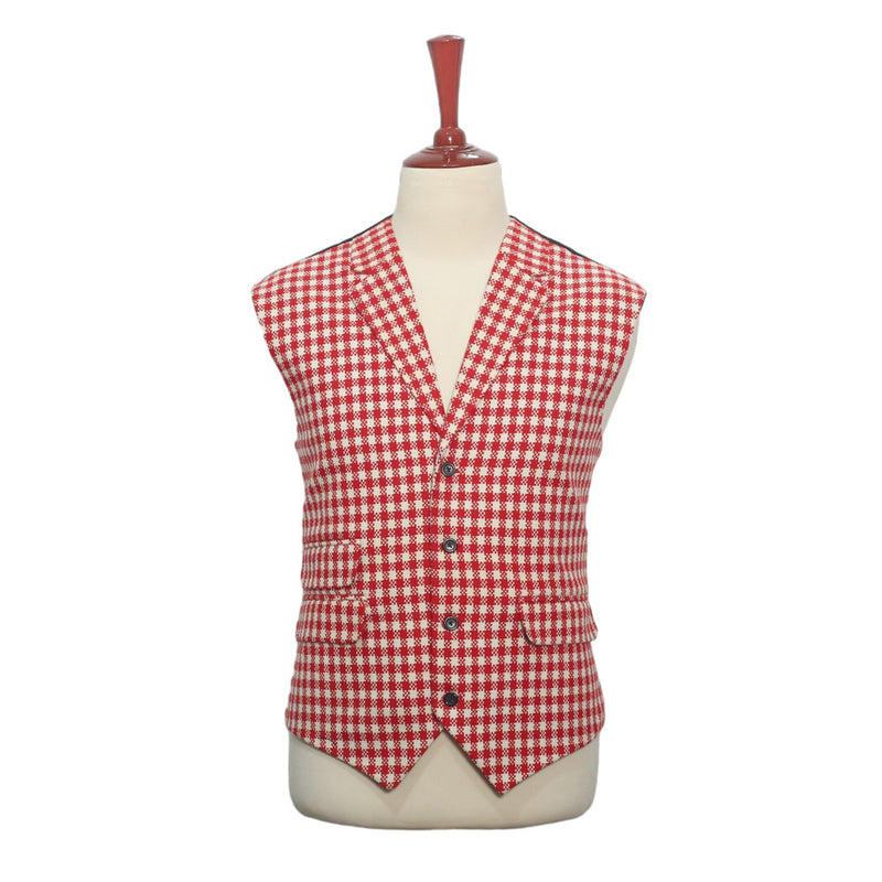 Mens Vest Suit Lapel Red White Check Wool Dress Formal Wedding Waistcoat XL 46