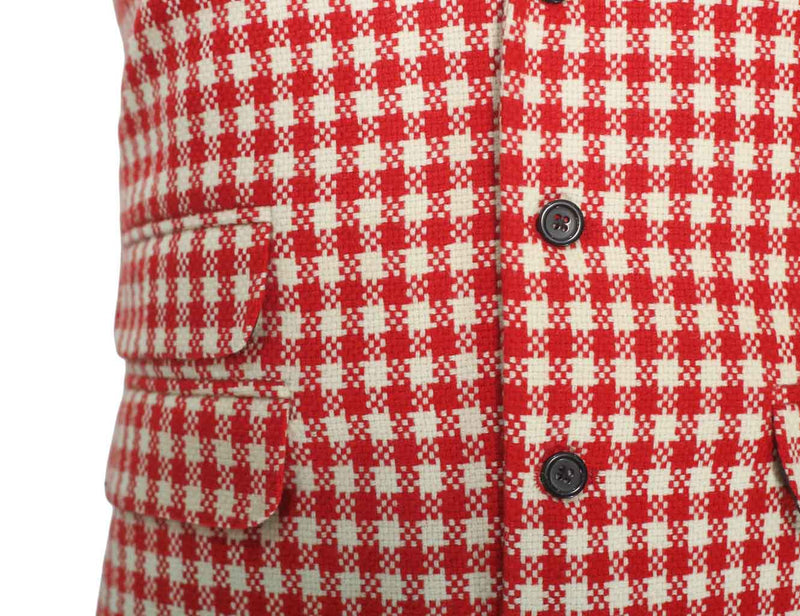 Mens Vest Suit Lapel Red White Check Wool Dress Formal Wedding Waistcoat XL 46