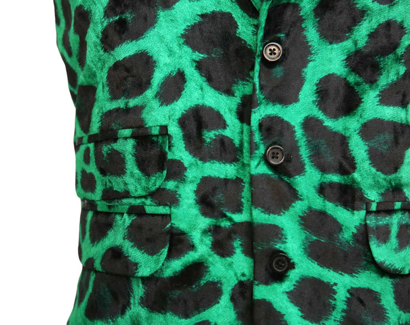 Mens Vest Suit Lapel Green Black Leopard Print Velvet Formal Waistcoat XL 46