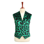 Mens Vest Suit Lapel Green Black Leopard Print Velvet Formal Waistcoat XL 46