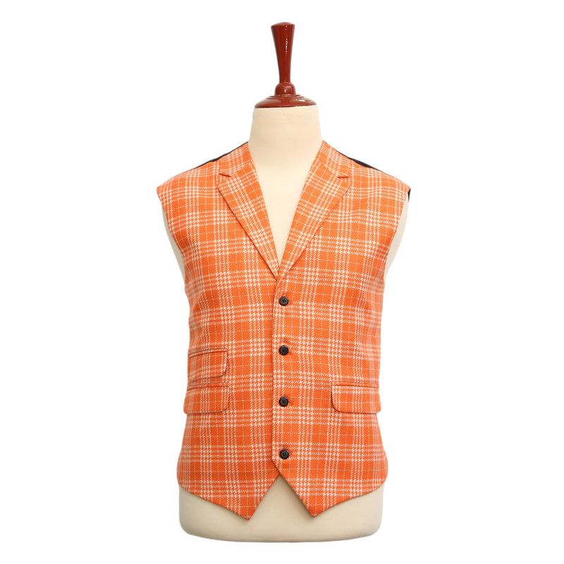 Mens Vest Suit Lapel Orange Plaid Wool Dress Formal Wedding Waistcoat XL 46