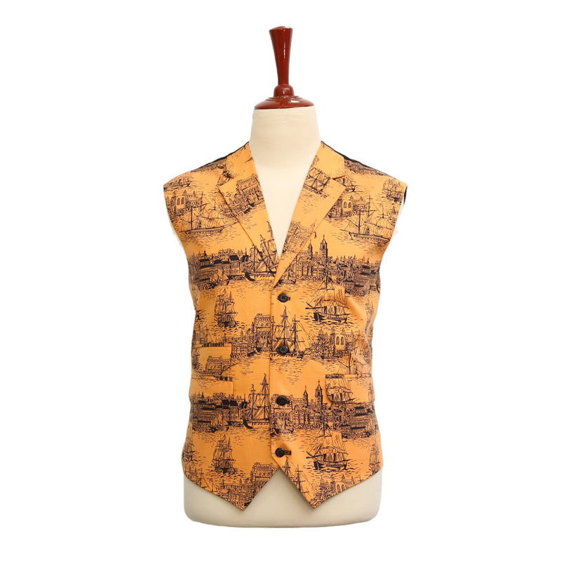 Mens Vest Suit Lapel Orange Graphic Print Cotton Formal Wedding Waistcoat XL 46