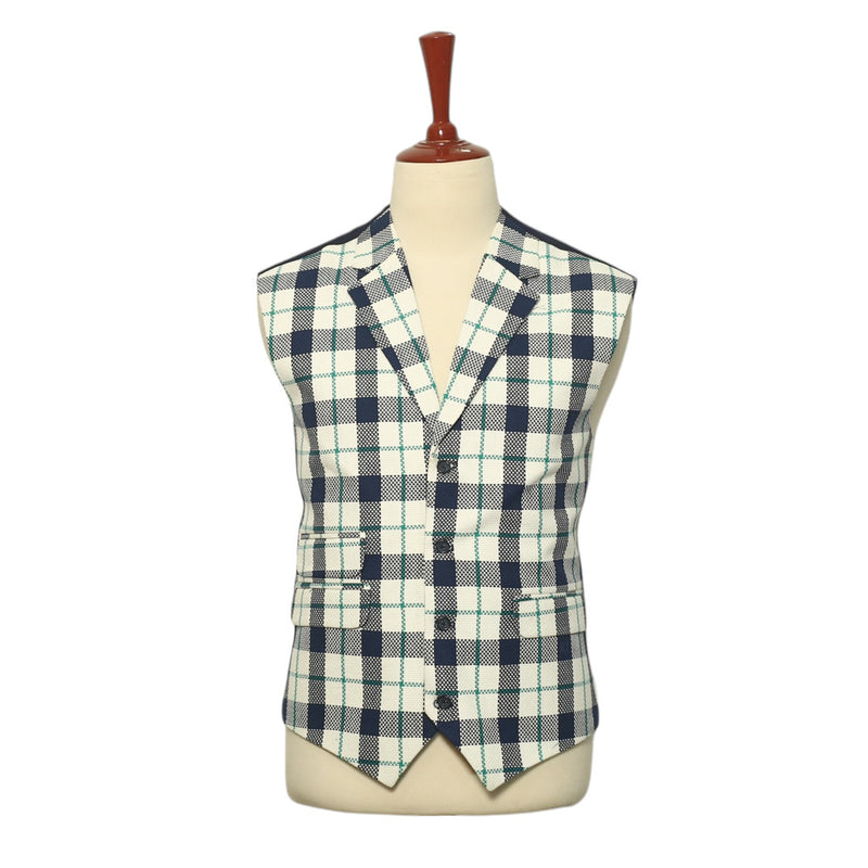 Mens Vest Suit Lapel White Blue Green Plaid Check Formal Wedding Waistcoat XL 46