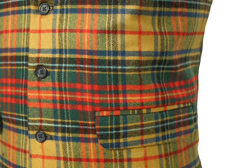 Mens Vest Suit Lapel Yellow Green Red Tartan Plaid Wool Wedding Waistcoat XL 46