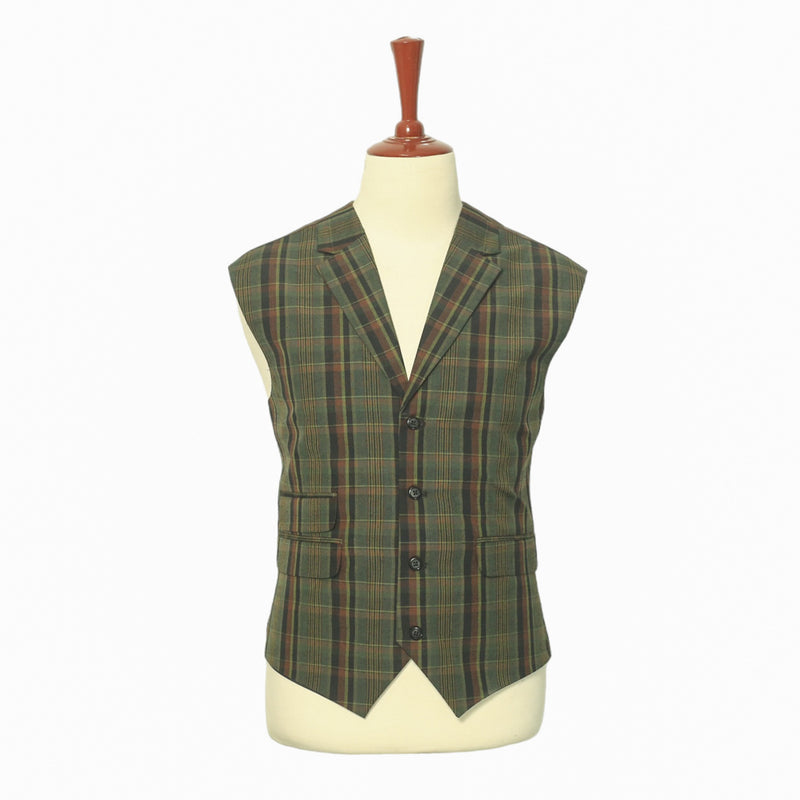 Mens Vest Suit Lapel Olive Green Brown Plaid Formal Wedding Waistcoat XL 46