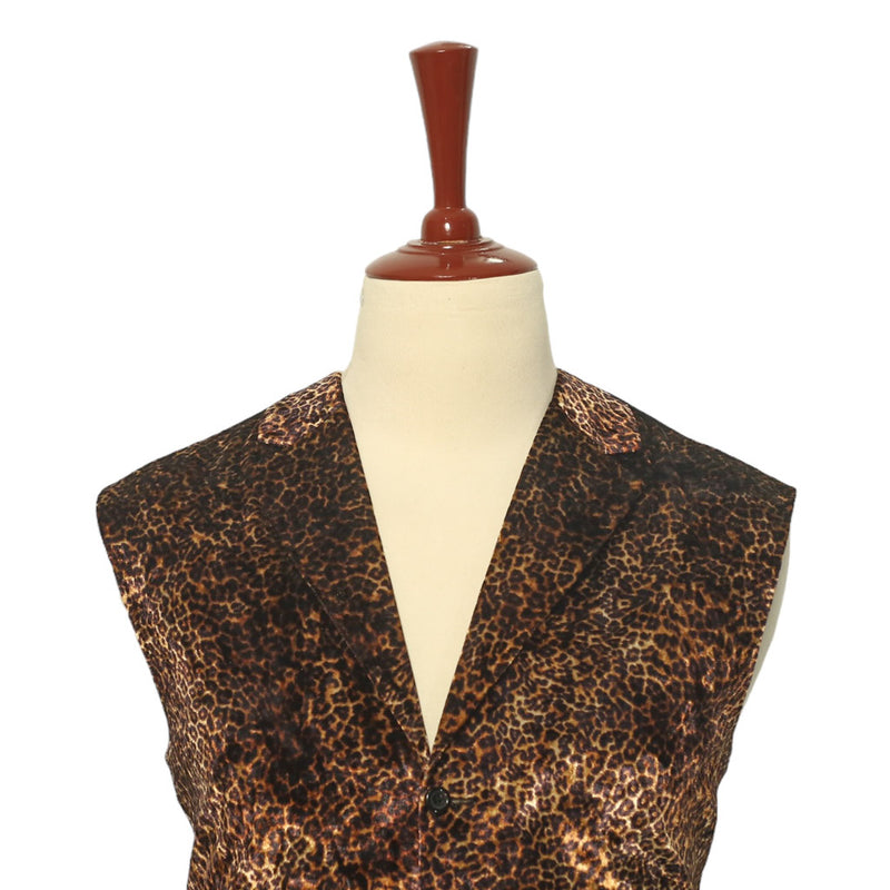 Mens Vest Suit Lapel Brown Cheetah Print Velvet Dress Formal Waistcoat XL 46