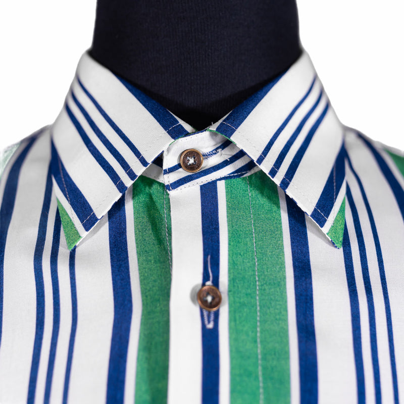 Men's Shirt Button Up Long Sleeve Green White Blue Striped Viscose Large